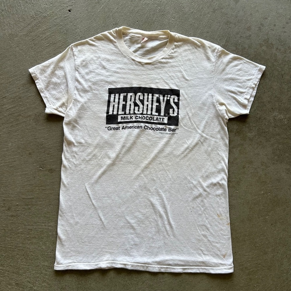 Vintage 70s Hersheys Milk Chocolate Shirt Size Large White Candy Hanes PaperThin